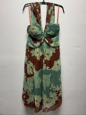Nicole Green and Brown Floral Twist-Front Midi Dress